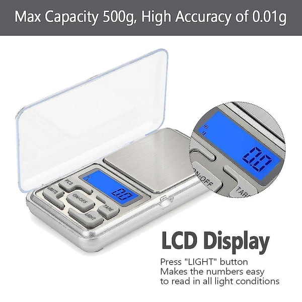 2 st digitalvåg, fickvåg, LED-bakgrundsbelyst display, 500 g-0,01 g för kök, smycken, te, kaffe (silver)