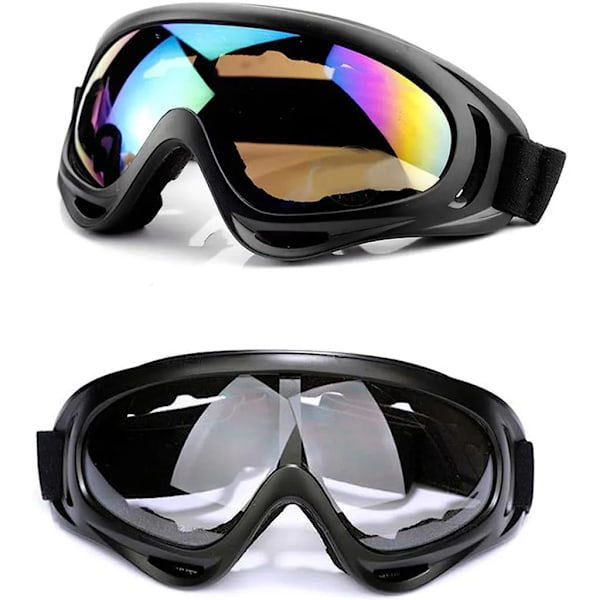 Pakke med 2 unisex skibriller, snowboardbriller, UV-beskyttelsesbriller, anti-tåke skibriller, for ski (fargerik + transparent)