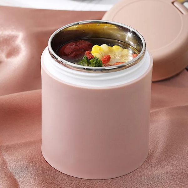 Müslikopp i rostfritt stål, 730 ml dubbelväggig müslikopp med sked, läckagesäker termosmatlåda (rosa)