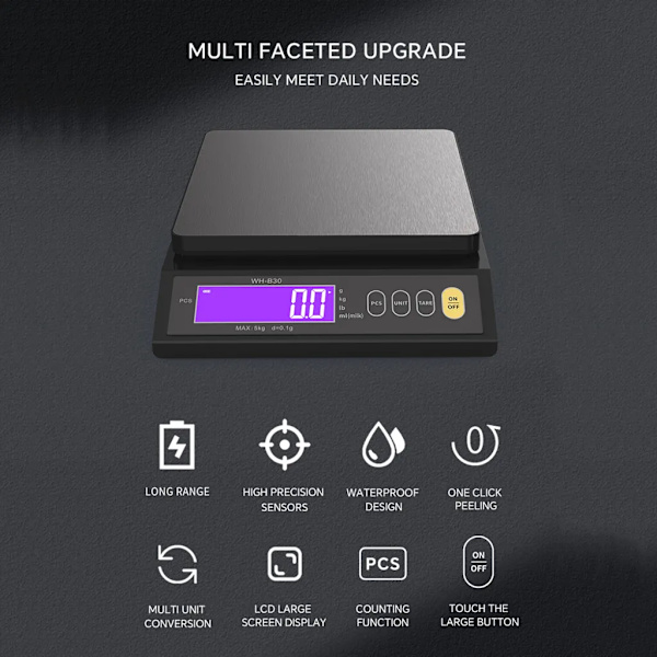 10 kg / 0,1 g Keittiövaaka Musta LED-näyttö, IP67 Vedenkestävä, Tarkka Kotivaaka Laskutoiminnolla, Nollattava Toiminto, Yksikkömuunnostoiminto