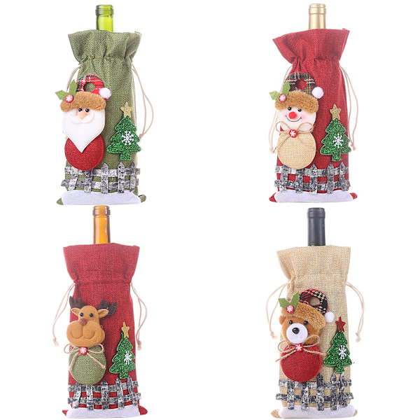 Julegavepose i burlap med snømann-tegning og rutete dukke, perfekt for julepynt og gaver