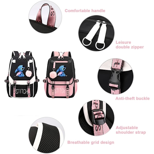 College Ryggsäck Bookbag för Kvinnor Män, 15.6 '' Stylish Dator Ryggsäck Laptop Resväska Casual Daypack USB Laddningsport