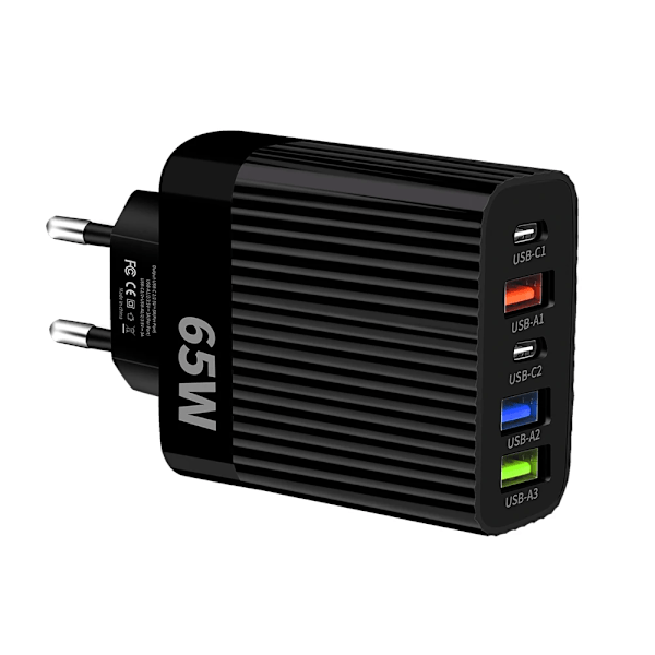 65W USB Laddare PD Typ C Flera 5 Portar Universell Snabb Snabbladdning Mobiltelefon Väggadapter för Iphone 15 Pro Xiaomi 14 Black EU Plug