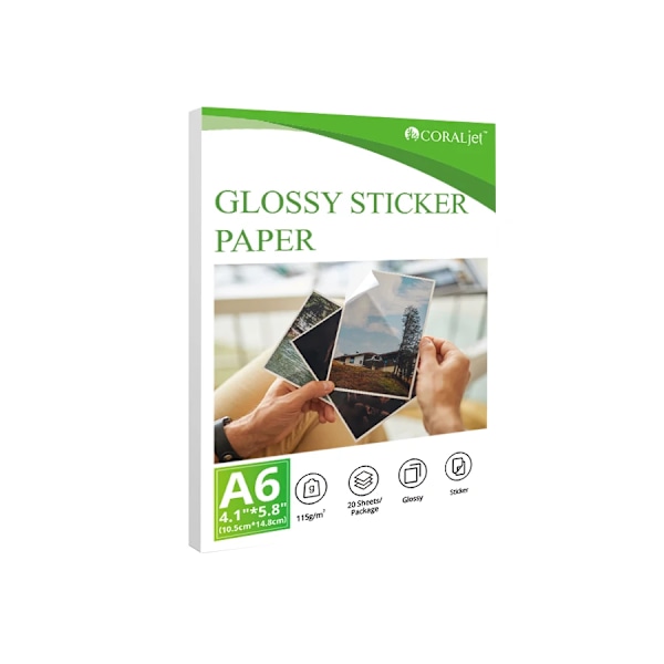 Coraljet 20/50 ark A4/A6/Letter Högkvalitativt Glansigt Klisterpapper Självhäftande Perfekt för Bläckstråleskrivare Dekalmaterial A6 x 20 Sheets