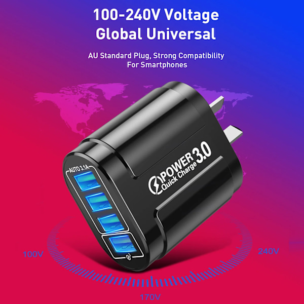 3.1A 4 Portar USB Laddare Snabbladdning QC 3.0 för Australien Nya Zeeland AU Kontakt Väggladdare För Samsung Xiaomi Mobiladapter EU Plug White