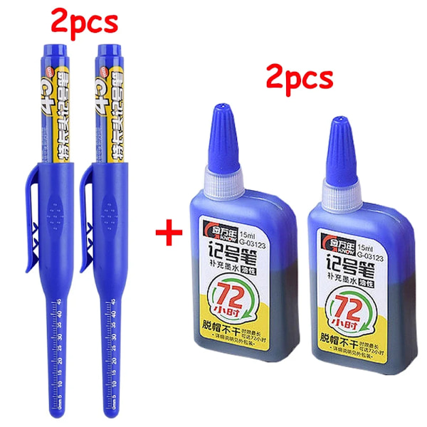 1-6 st 45 mm Vattentät Lång Huvud Nib Djupa Hål Markörer Penna Kakel Snickarpenna Multifunktionell för Träbearbetning Svart/Blå/Röd Bläck blue 2pen 2ink