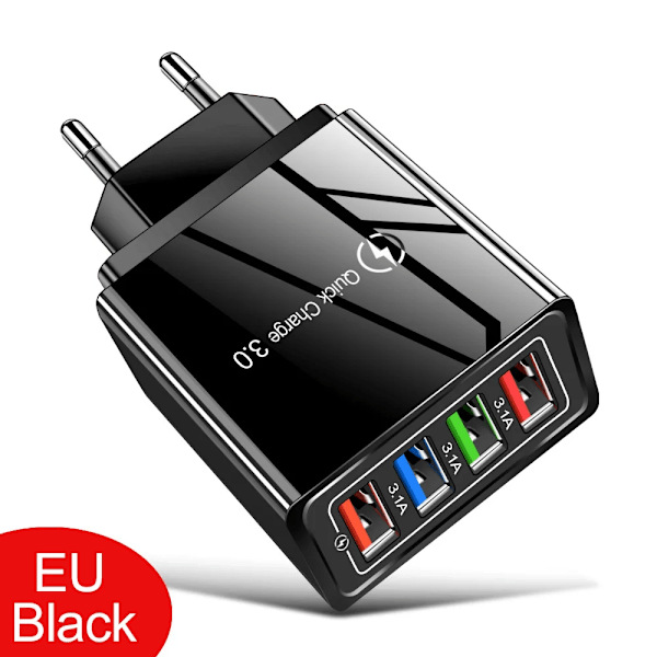 4 USB Laddare Snabbladdning 3.0 4.0 Port Snabb Laddning Väggadapter För iPhone 12 11 X Xiaomi Samsung Mobiltelefon Laddare QC 3.0 All Black EU