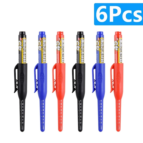 1-6 st 45 mm Vattentät Lång Huvud Nib Djupa Hål Markörer Penna Kakel Snickarpenna Multifunktionell för Träbearbetning Svart/Blå/Röd Bläck mix pen 6pcs