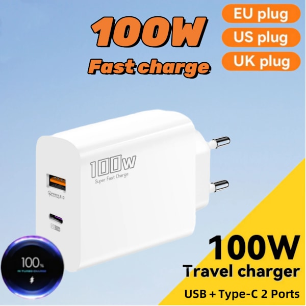 100W Snabbladdare Dubbelport Usb Typ-C Supersnabb Laddningshuvud Mobiltelefonadapter Laddningshuvud för Huawei iPhone Ny 2025 white EU