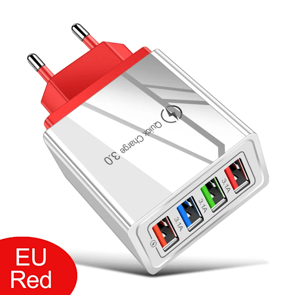 4 USB Laddare Snabbladdning 3.0 4.0 Port Snabb Laddning Väggadapter För iPhone 12 11 X Xiaomi Samsung Mobiltelefon Laddare QC 3.0 Red EU