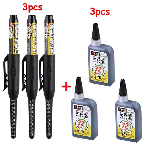 1-6 st 45 mm Vattentät Lång Huvud Nib Djupa Hål Markörer Penna Kakel Snickarpenna Multifunktionell för Träbearbetning Svart/Blå/Röd Bläck black 3pen 3ink