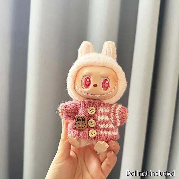 Kläder för 15-17 cm v1v2 Labubu, outfit Labubu Sittande Party Bear, Etikett, Halsduk, Hatt, Väska, Docktillbehör, Söt Dekoration Pink Sweater no doll