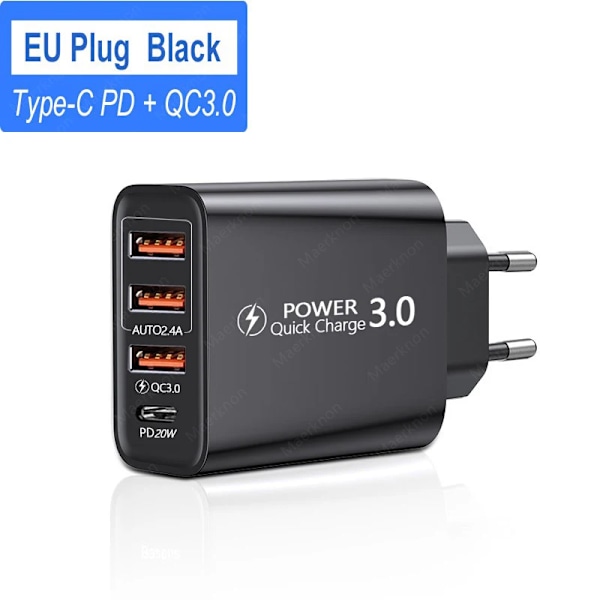 Total 60W USB C Laddare Snabbladdning 4 Portar Typ C Telefonladdare Adapter För iPhone 15 Xiaomi Samsung EU/US Kontakt Väggladdare EU Plug Black