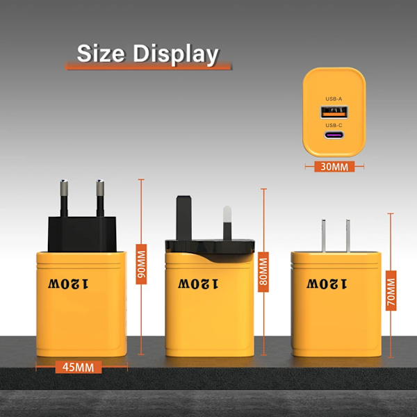 120W Laddare Snabbladdning USB-A USB-C EU/US/UK Kontakt Strömadapter Portabel Reseladdare För Huawei Sumsang iPhone NY 2025 Yellow EU