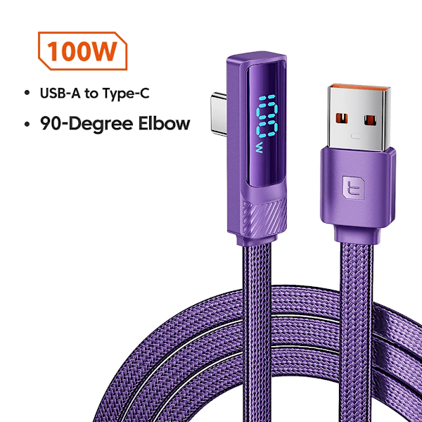 Toocki PD 100W 66W USB Typ C-kabel 90 graders snabbladdning för Huawei Mate 40 P50 Samsung Xiaomi Digital Display Typ C Datakabel Purple 2m