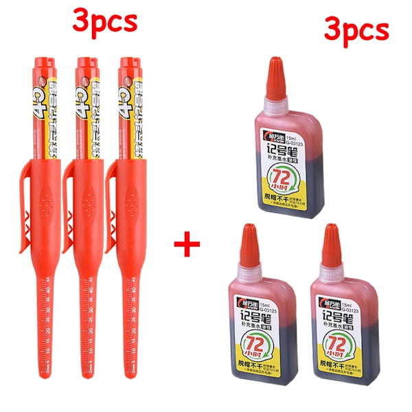 1-6 st 45 mm Vattentät Lång Huvud Nib Djupa Hål Markörer Penna Kakel Snickarpenna Multifunktionell för Träbearbetning Svart/Blå/Röd Bläck red 3pen 3ink