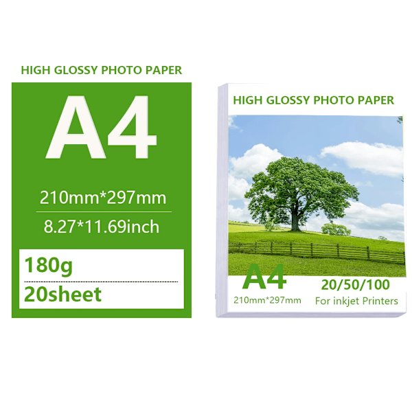 Multi Specifikation Högglans Fotopapper 3R 4R 5R A4 Fotoutskriftspapper Bläckstråleskrivare 180G Glättat Enkelsidigt Fotopapper A4 180g 20sheet