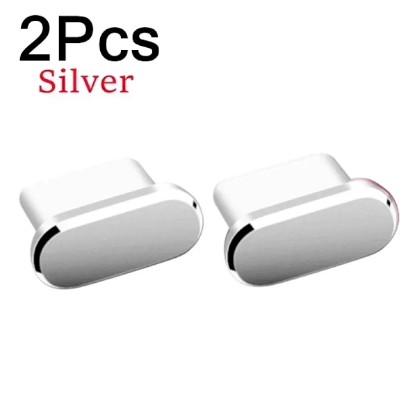 2 st 16PM Metall Dammskydd För iPhone 16 15 Pro Max Plus USB Typ C Laddningsport Pluggar Stopp Mobiltelefon Typ-C Skyddslock 2Pcs Silver
