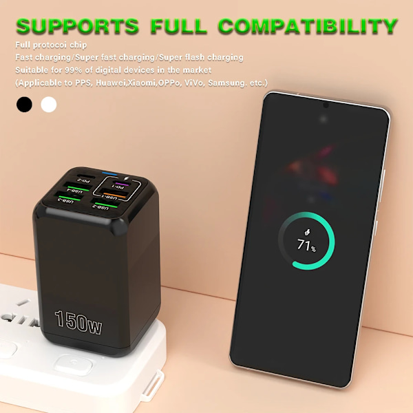 150W 6 Portar Pd QC 4.0 Usb C Snabbladdare Väggadapter Supersnabb Laddning För Iphone Samsung Ipad Xiaomi Huawei Oneplus Oppo EU WHITE