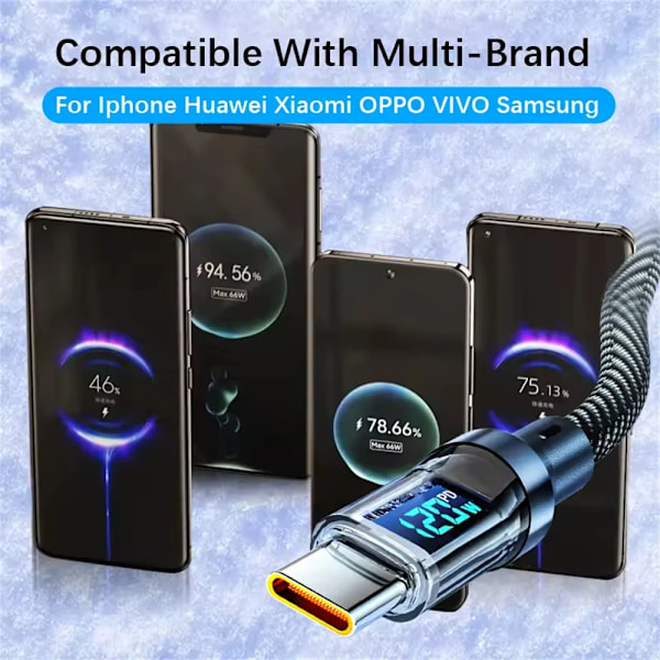 Ny 120W LED Digital Display Snabbladdning USB Typ C-kabel För Samsung Xiaomi POCO Redmi Huawei Supersnabb Laddningsdatakabel black 2m