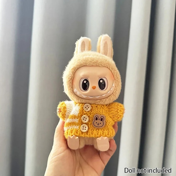 Kläder för 15-17 cm v1v2 Labubu, outfit Labubu Sittande Party Bear, Etikett, Halsduk, Hatt, Väska, Docktillbehör, Söt Dekoration Yellow Sweater no doll