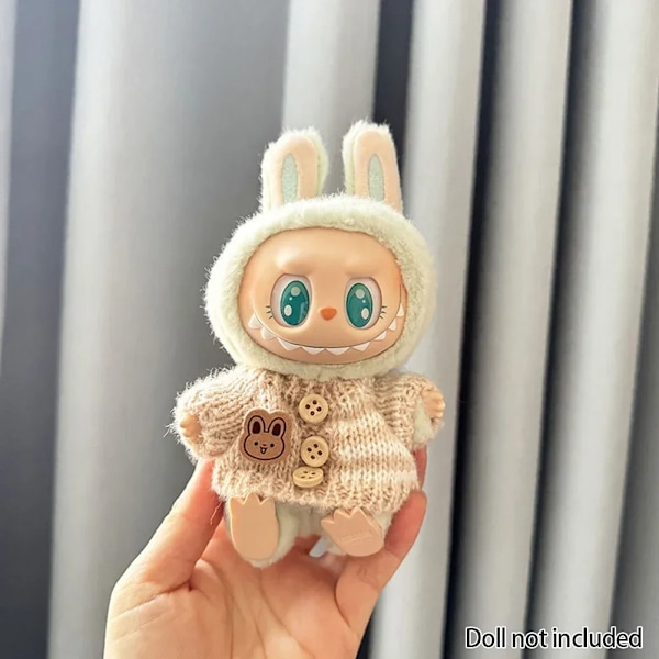 Kläder för 15-17 cm v1v2 Labubu, outfit Labubu Sittande Party Bear, Etikett, Halsduk, Hatt, Väska, Docktillbehör, Söt Dekoration Brown Sweater no doll