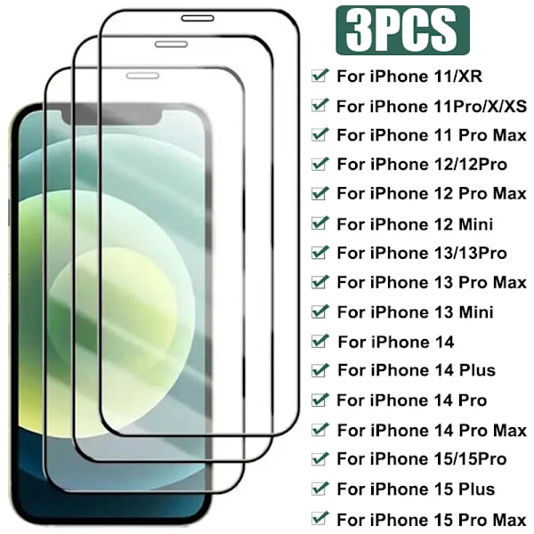 Nytt 3-pack Fullt Härdat Glas För iPhone 15 14 Pro Max Plus Skärmskydd nytt För iPhone 11 12 13 Pro Mini Xr Xs Max Skyddsglas 2025 For iPhone Xr 3PCS Black Glass