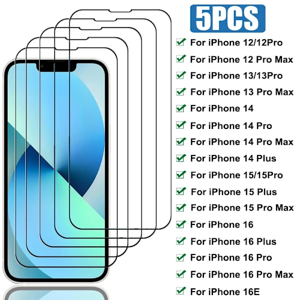 Nytt 5-pack Härdat Glas för iPhone 13 Pro Max 12Mini 13Mini Skärmskydd nytt för iPhone 15 16 14 12 Pro Max 16 Plus 16E Glas For iPhone 15 Plus 5Pcs Glass