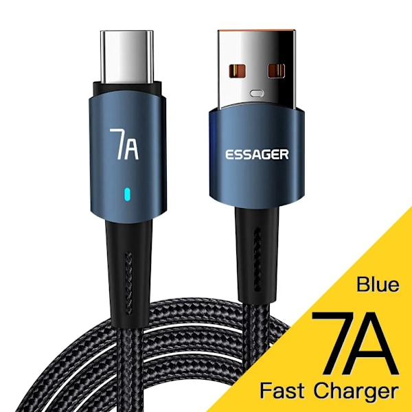 Essager 7A Typ C USB-kabel för Samsung S10 Xiaomi Huawei P30 P40 Pro Mobiltelefon 100W Snabbladdning USB Typ C Datakabel Blue 2m