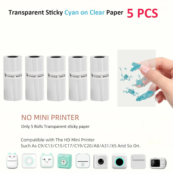 Transparent Termiskt Självhäftande Papper, 57x25mm Används För Mikro Termisk Skrivare Fotoutskriftspapper 5Rolls Cyan On Clear