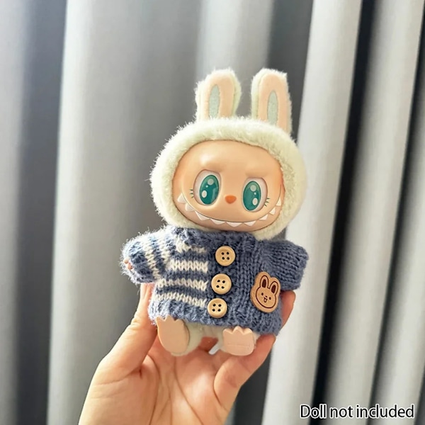 Kläder för 15-17 cm v1v2 Labubu, outfit Labubu Sittande Party Bear, Etikett, Halsduk, Hatt, Väska, Docktillbehör, Söt Dekoration Blue Sweater no doll