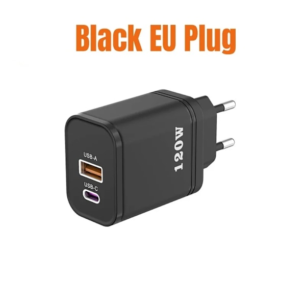 120W Laddare Snabbladdning USB-A USB-C EU/US/UK Kontakt Strömadapter Portabel Reseladdare För Huawei Sumsang iPhone NY 2025 Black EU