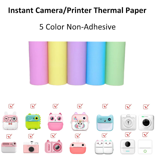 Mini Utskriftspapper Utskriftskamera Refill Termopapper 10 Rullar BPA-fritt Kompatibelt med Alla 57mm Ficktermoskrivare 5 Color No-Sticky