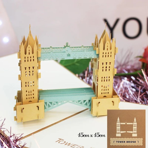 Pop UP 3D Födelsedagskort Världsattraktioner Kort Affärsinbjudan Pojke Gåva Hälsning Turistvykort för Pojkvän Pappa Present London bridge-brown