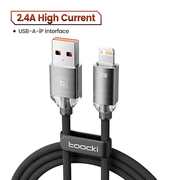 Toocki USB-kabel för iPhone 14 13 12 Pro Max 2.4A Snabbladdning Lightning-kabel Datakabel för iPhone 8 7 6 5 Plus AirPods Grey 2m