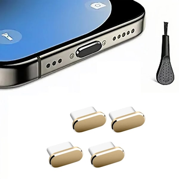 4 st USB C Dammskydd med Rengöringsborste Anti-Damm USB-C Pluggar Laddningsport Skyddskåpor För iPhone Samsung Alla Smartphones Gold