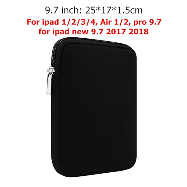 Universal Mjukt Tablet Fodral Ärm Väska för Kindle Fodral för iPad mini 1/2/3/4 Air 1/2 Pro 9.7 Skydd För Nya iPad 2017/2018 9.7 inch Black