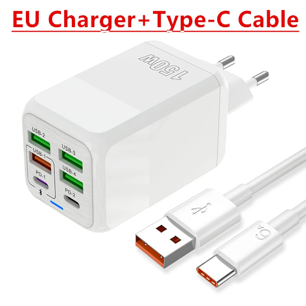 150W 6 Portar Pd QC 4.0 Usb C Snabbladdare Väggadapter Supersnabb Laddning För Iphone Samsung Ipad Xiaomi Huawei Oneplus Oppo EU WHITE and Cable