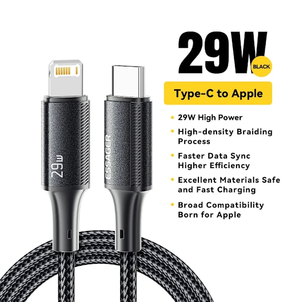 Essager USB C-kabel för iPhone 14 13 12 11 Pro Max Xs 8 Plus iPad Macbook Sladd 29W PD Snabbladdning Typ C till Lightning Datakabel Black 27W 3m