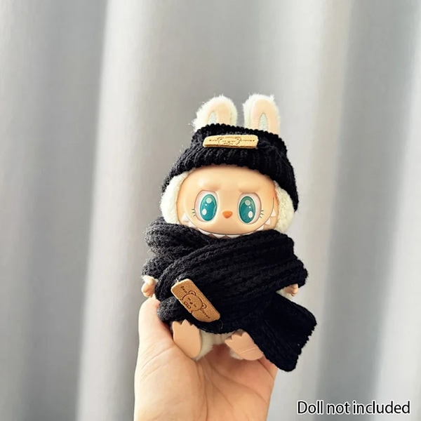 Kläder för 15-17 cm v1v2 Labubu, outfit Labubu Sittande Party Bear, Etikett, Halsduk, Hatt, Väska, Docktillbehör, Söt Dekoration Black Bear Hat Scarf no doll