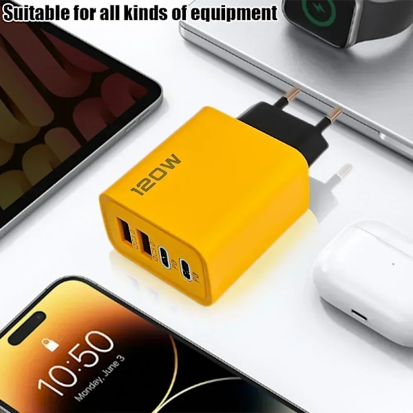 120W Snabbladdning 4 Portar Mobiltelefonladdare QC3.0 USB Typ C Laddare Dubbel PD Väggadapter EU/US/UK Kontakt för IPhone15 Xiaomi EU Set
