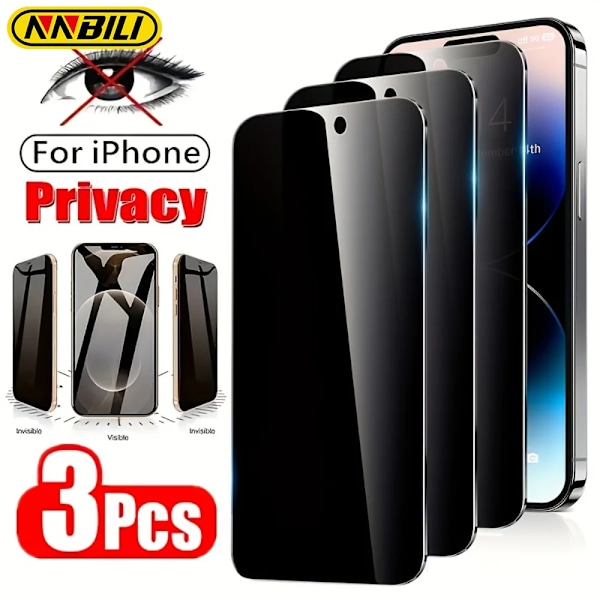 NNBILI 3-pack Fullständigt Täckande Anti-Spion Skärmskydd För iPhone 16 15 14 12 13 Pro Max Sekretessglas Härdat Glas På Serien iPhone 13 Plus 3PCS Privacy Glass