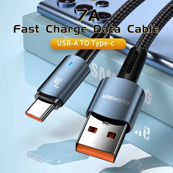 Essager 7A Typ C USB-kabel för Samsung S10 Xiaomi Huawei P30 P40 Pro Mobiltelefon 100W Snabbladdning USB Typ C Datakabel Black 2m