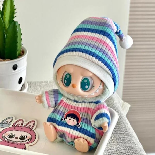 17cm Mini Plyschdockas Kläder Outfit Tillbehör För Korea Kpop Labubu Idol Sittande Fest V1 V2 Höst onesie hatt set Kläder 18 no doll