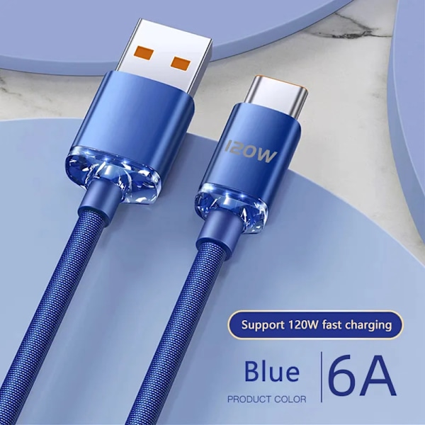 120W 6A Snabbladdning USB Typ C Snabbladdningskabel För Samsung S25 S24 S23 Xiaomi 13 Huawei Telefon Snabbladdningskabel Datakablar Blue 1m
