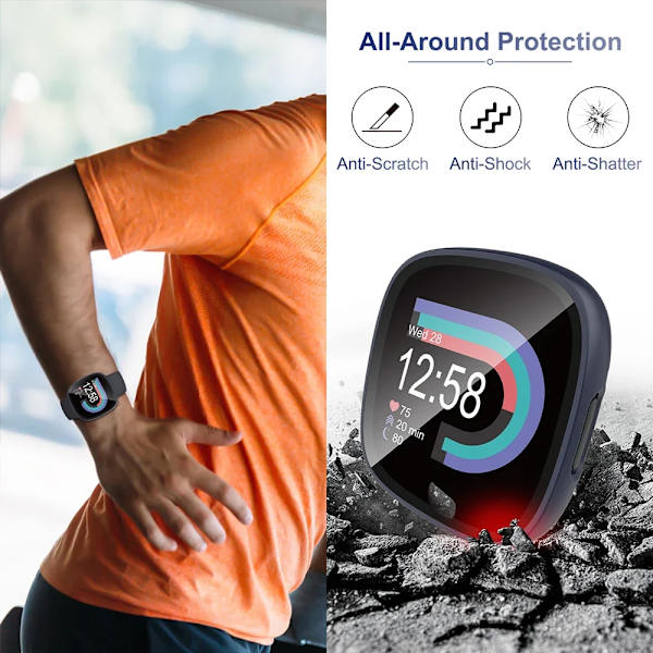 Skärmskydd för Fitbit Versa 4/Sense 2 Hård PC Stötfångare Skyddande HD Härdat Glas Fodral Allround Fulltäckande Stötfångarskal Red Fitbit sense 2