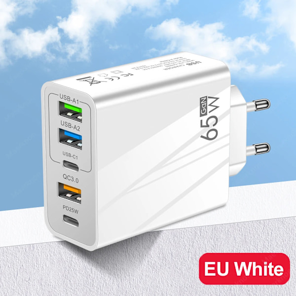 5 Portar 65W GaN USB-laddare Snabbladdning Multiport PD Typ C Snabbladdare Telefonladdare Adapter För iPhone Xiaomi Samsung Huawei EU White