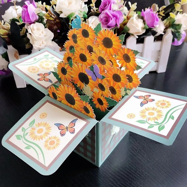 3D Pop Up Grattiskort Födelsedag Vykort 3D Box Bukett Blomma Grattiskort Tack Flickvän Lärare Gåva 6
