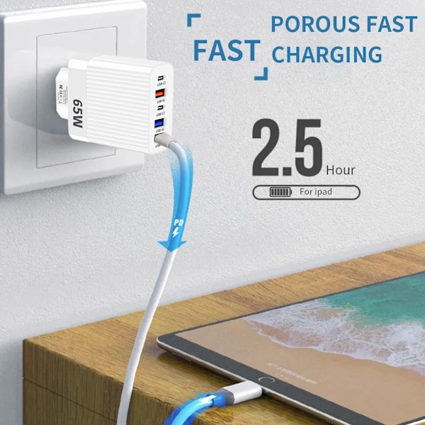 65W USB Laddare PD Typ C Flera 5 Portar Universell Snabb Snabbladdning Mobiltelefon Väggadapter för Iphone 15 Pro Xiaomi 14 White EU Plug