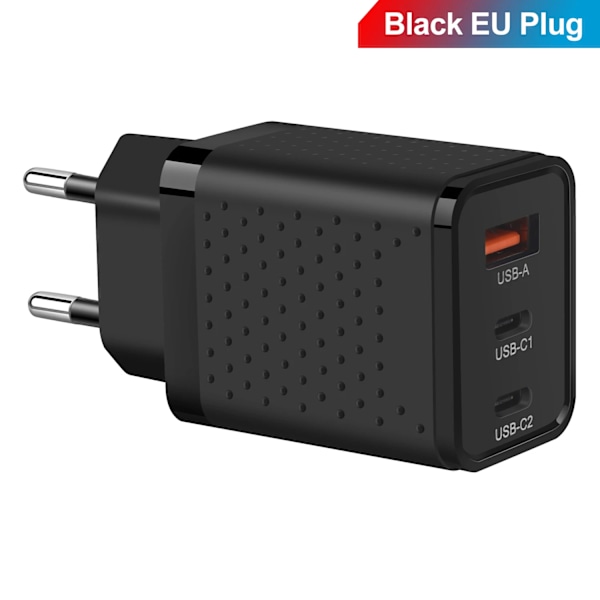 30W USB Snabbladdare 3 Portar PD Typ C Quick Charge 3.0 Telefonadapter För iPhone 15 14 Pro Xiaomi Samsung Portabel Väggladdare EU Plug Black